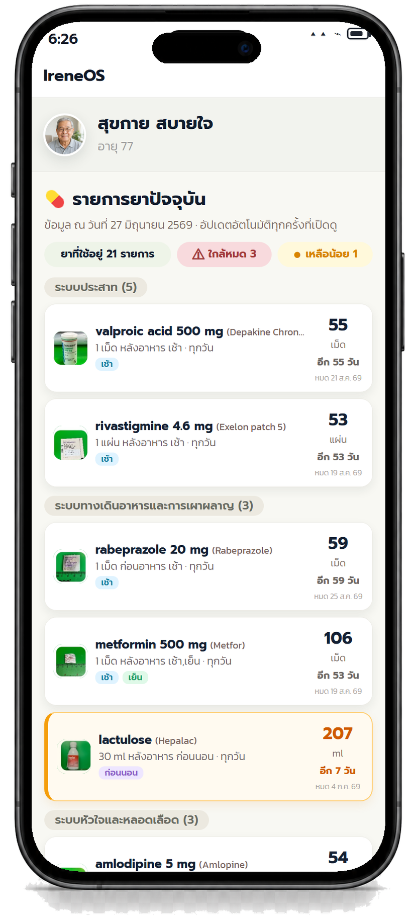 หน้าระบบ CareProof Medication แสดงรายการยา รูปยา วิธีใช้ และจำนวนคงเหลือ