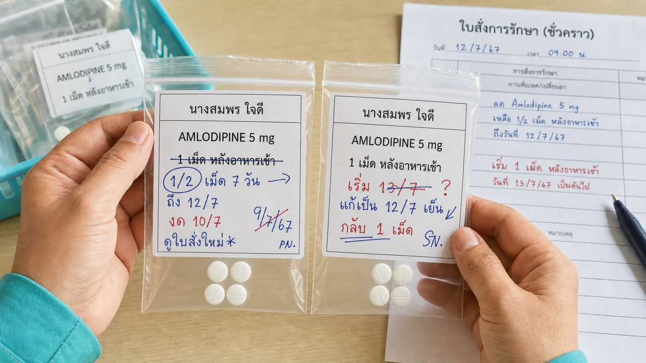 ซองยา amlodipine ของผู้พักคนเดียวกันสองซองที่เขียนคำสั่งครึ่งเม็ดและหนึ่งเม็ดไว้คนละแบบ