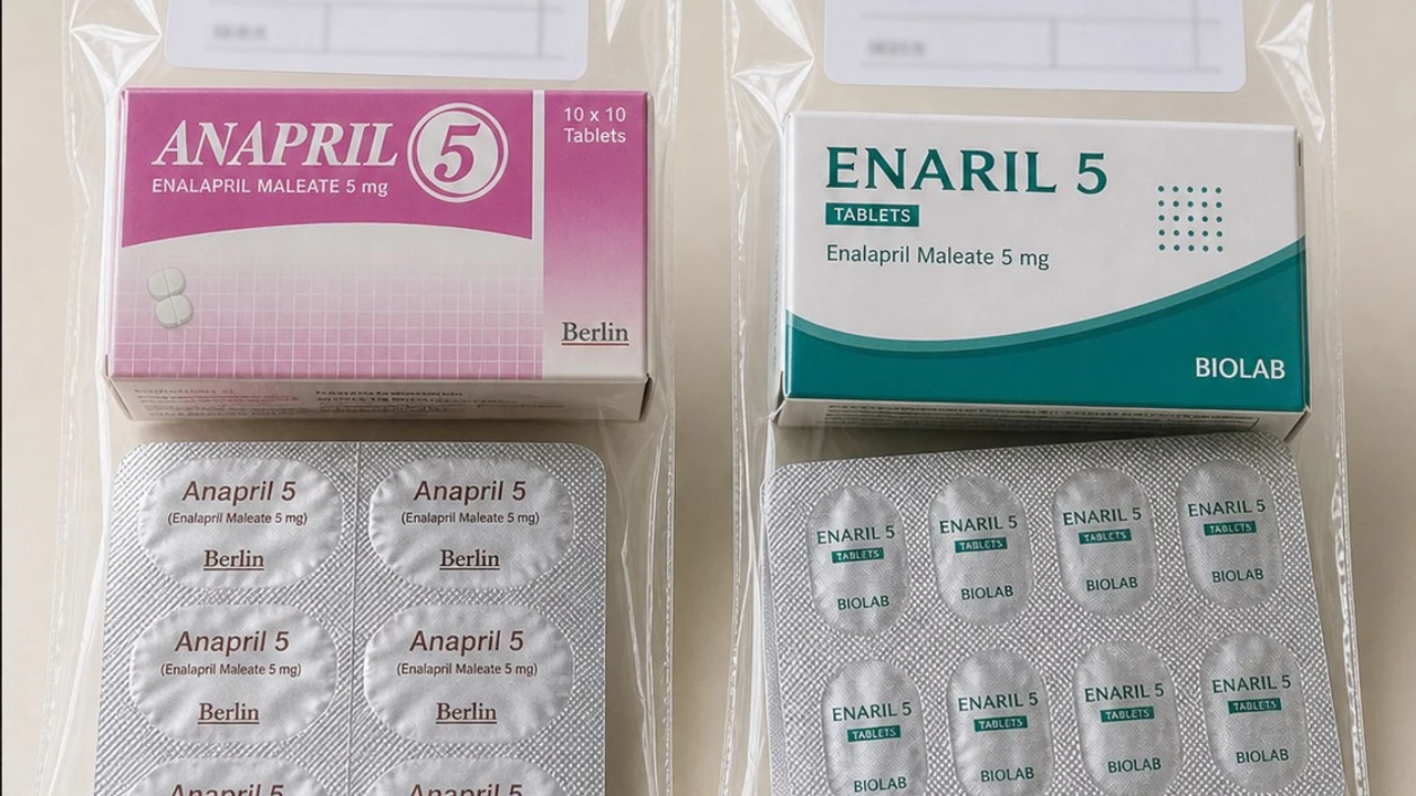 ยา enalapril ขนาดเดียวกันที่ใช้คนละยี่ห้อ กล่อง ฟอยล์ และเม็ดยาจึงดูต่างกัน